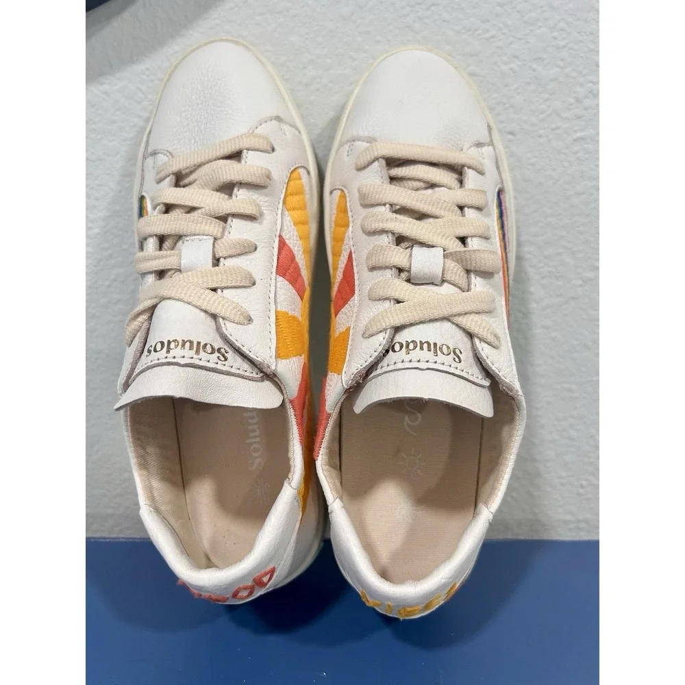 Soludos Embroidered Leather Rainbow Wave Ibiza Sneakers Womens‎ Sz 8 Sunburst